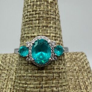 BBJ 925 Sterling Silver Teal Blue Green CZ Halo Ring Size 9.75